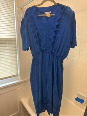 Vintage Blue Embroidered V-Neck Midi Dress by L.L. Bean
